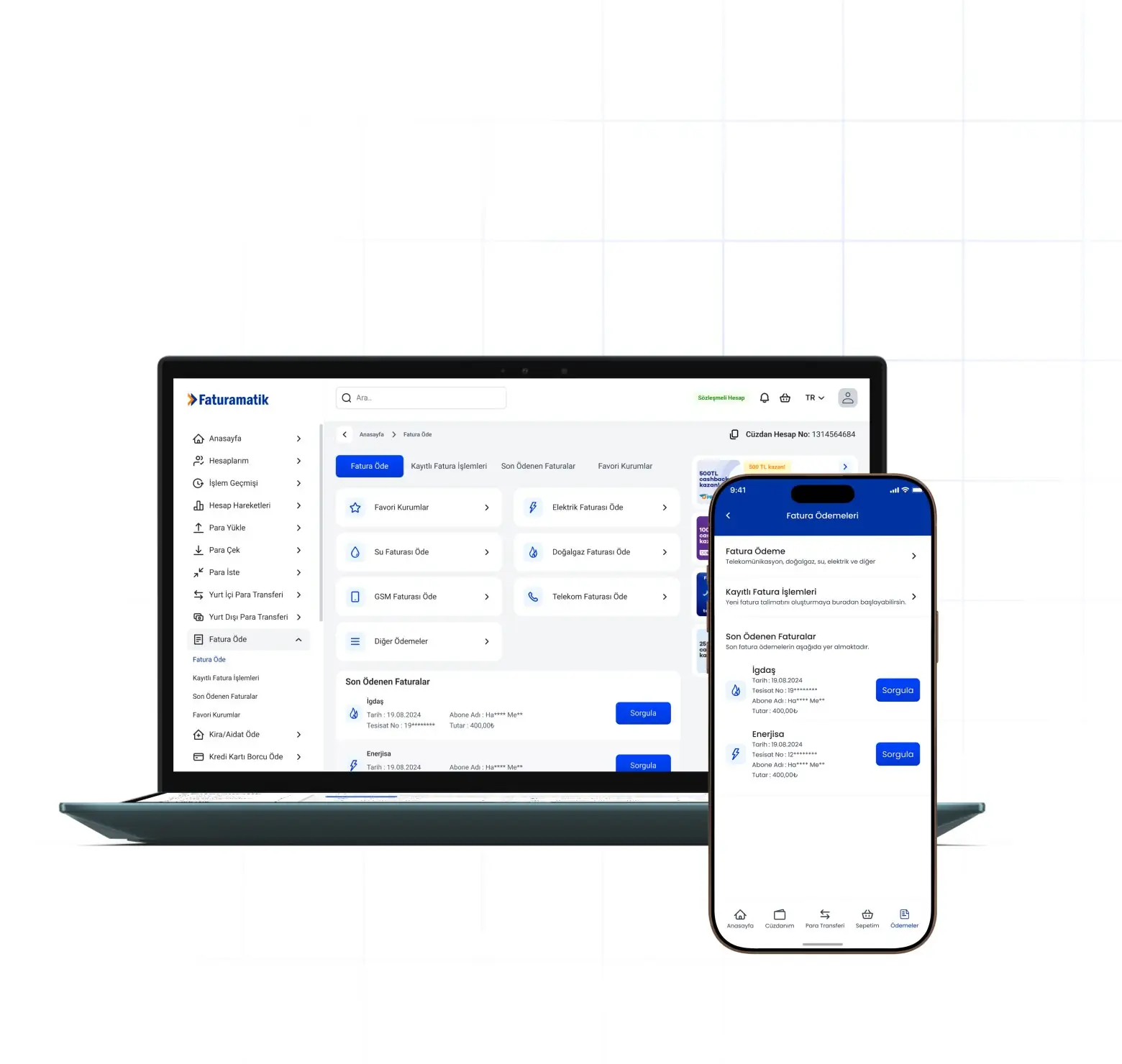 Faturamatik internet şubesi ve mobil uygulama ekranları