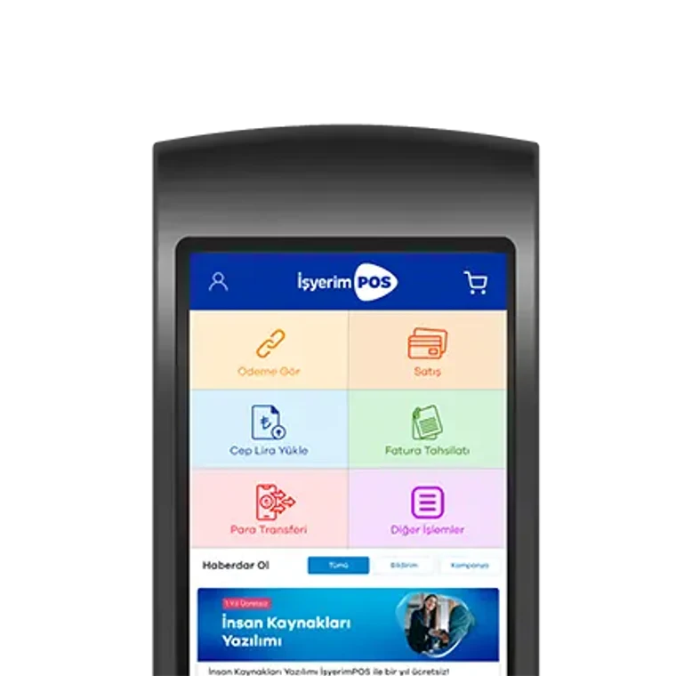 Android POS cihazı ve ekranındaki işlem menüsü