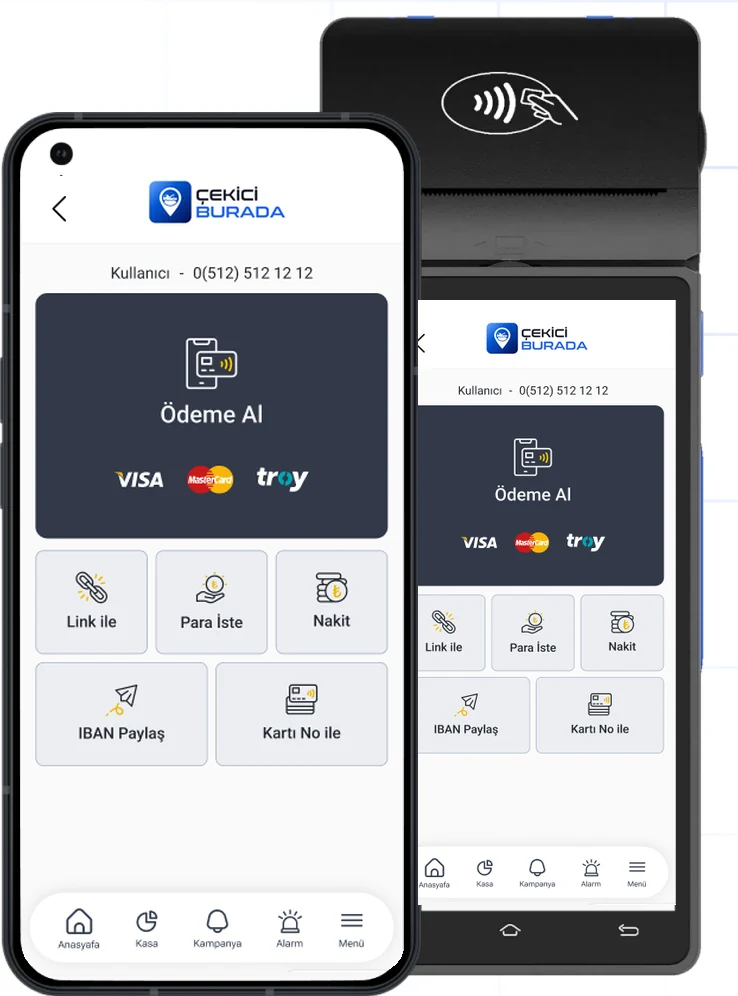 Çekici uygulaması ekranı ve POS cihazı