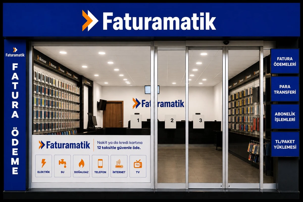 Faturamatik mağazası dış cephe: mavi tabela, dikey Fatura Ödeme totemi, ışıklı hizmet kolonu ve cam bandı